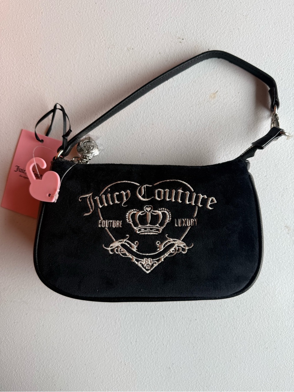 Juicy Couture Black Velvet Shoulder Bag with Silver Embroidery